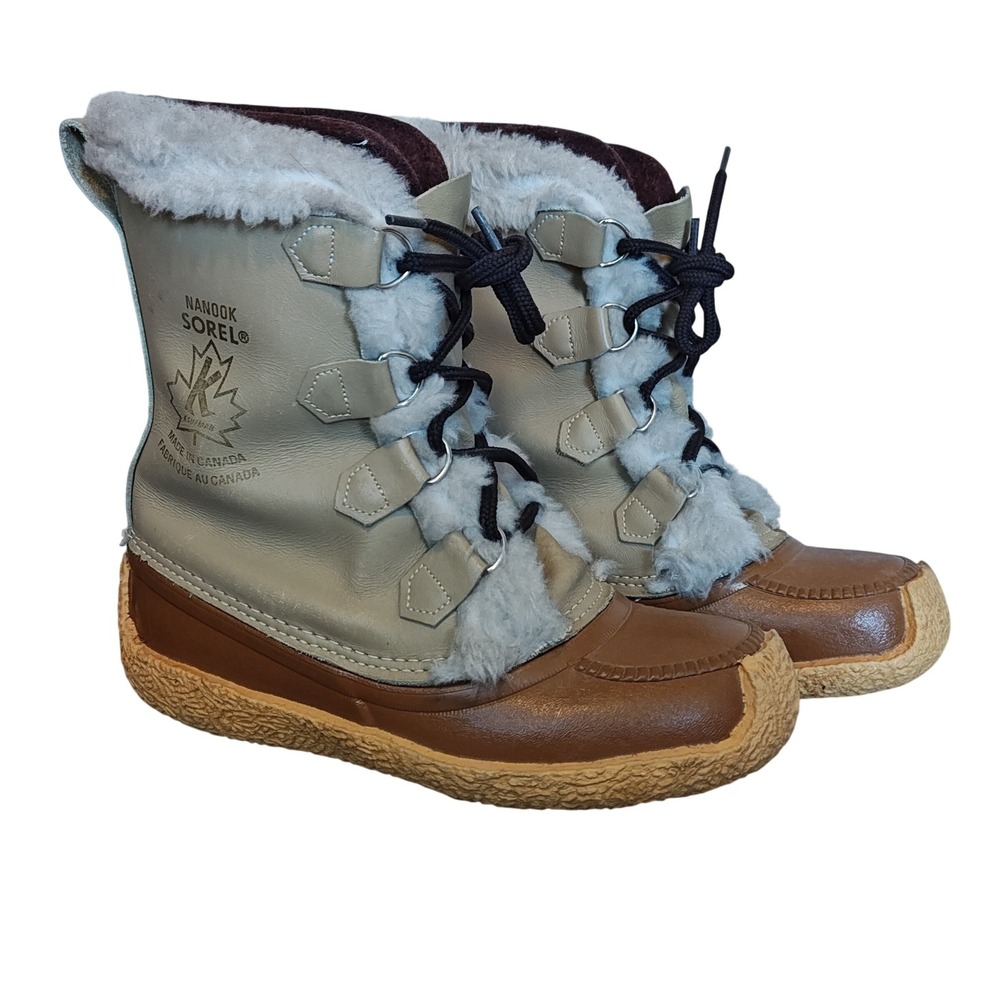 Sorel Nanook Winter Boots Womens 7 Tan Brown‎ Leather Wool Lined Vintage Canada